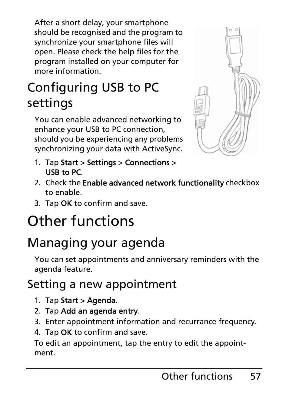 Other functions, Configuring usb to pc settings, Managing your agenda | Setting a new appointment | Acer S200 User Manual | Page 57 / 100