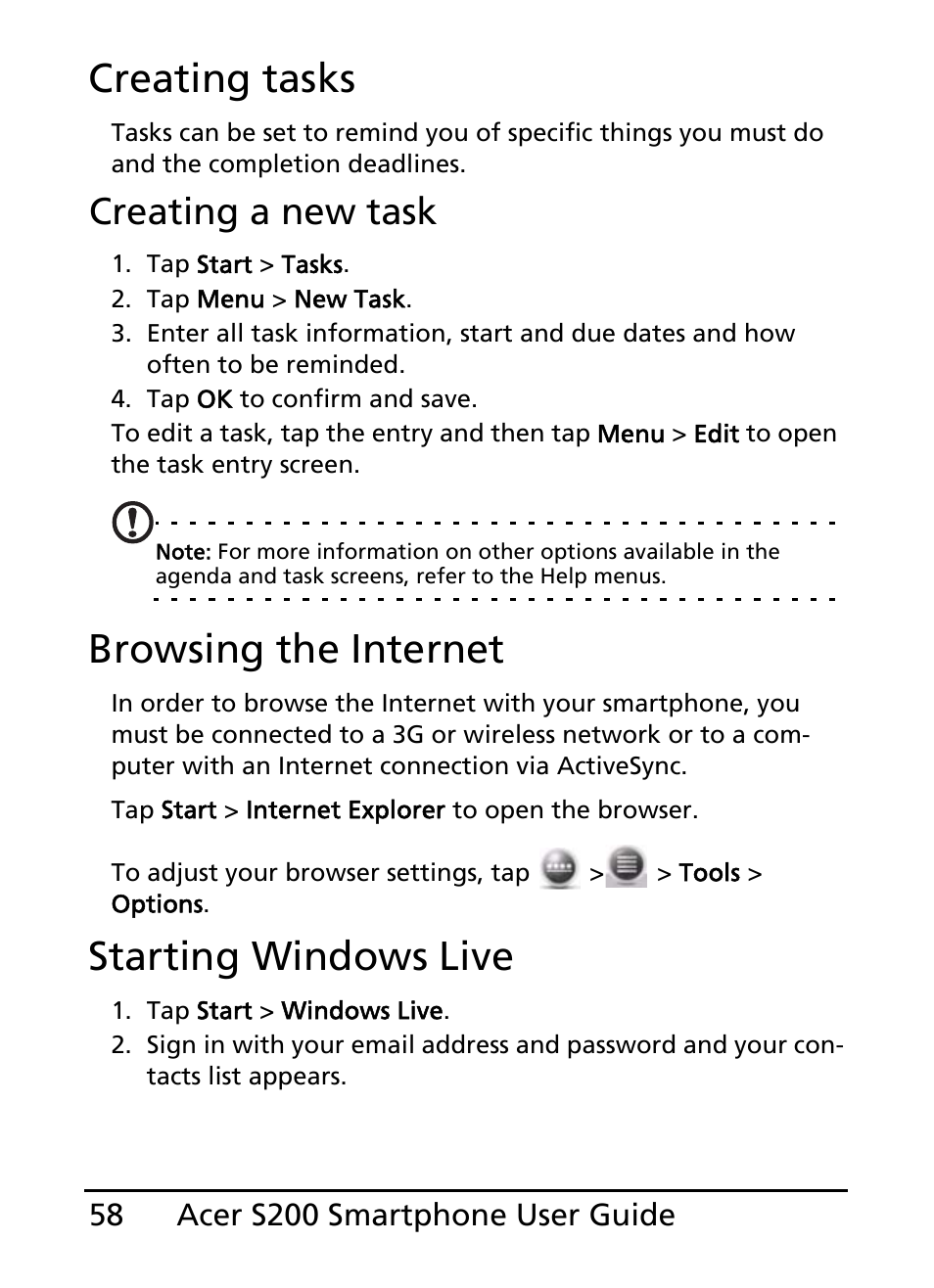 Creating tasks, Browsing the internet, Starting windows live | Creating a new task | Acer S200 User Manual | Page 58 / 100