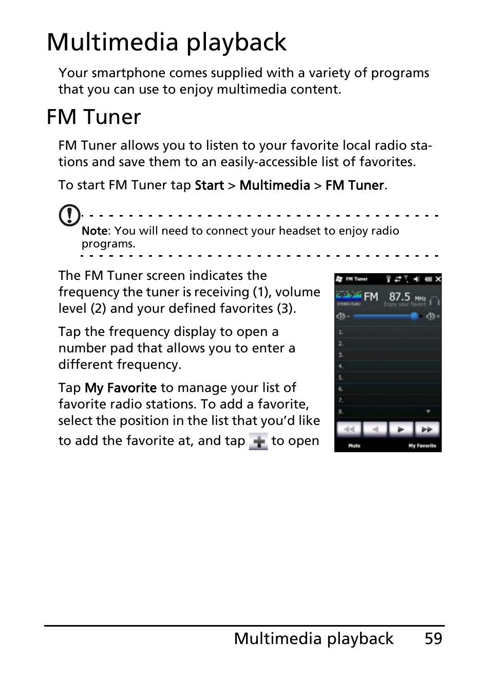 Multimedia playback, Fm tuner | Acer S200 User Manual | Page 59 / 100