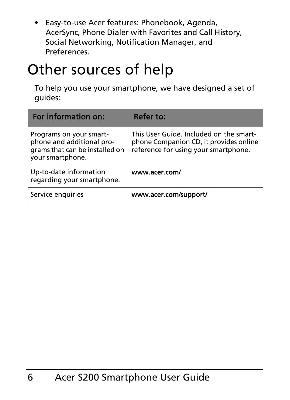 Other sources of help, Acer s200 smartphone user guide 6 | Acer S200 User Manual | Page 6 / 100