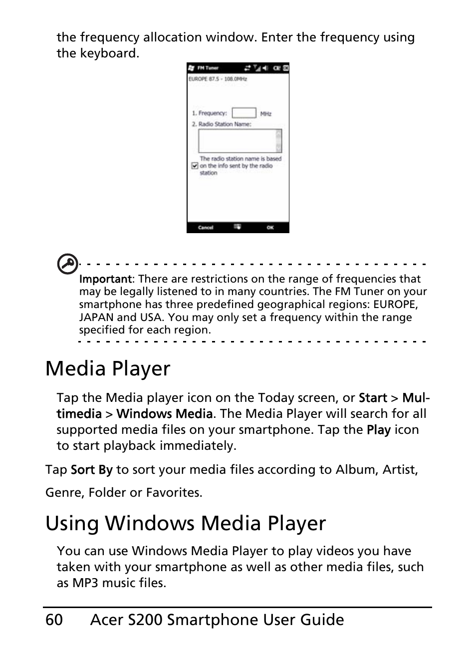 Media player, Using windows media player | Acer S200 User Manual | Page 60 / 100