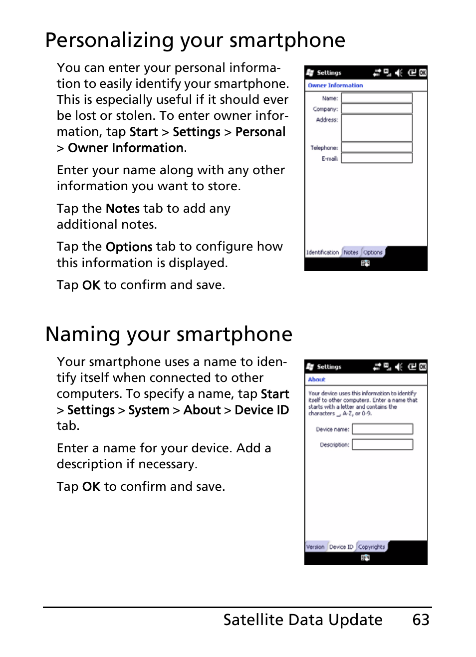 Personalizing your smartphone, Naming your smartphone | Acer S200 User Manual | Page 63 / 100