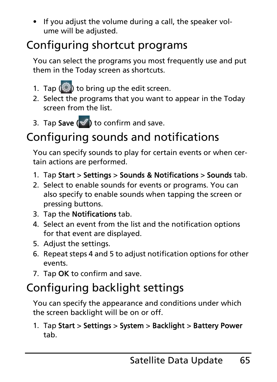 Configuring shortcut programs, Configuring sounds and notifications, Configuring backlight settings | 65 satellite data update | Acer S200 User Manual | Page 65 / 100