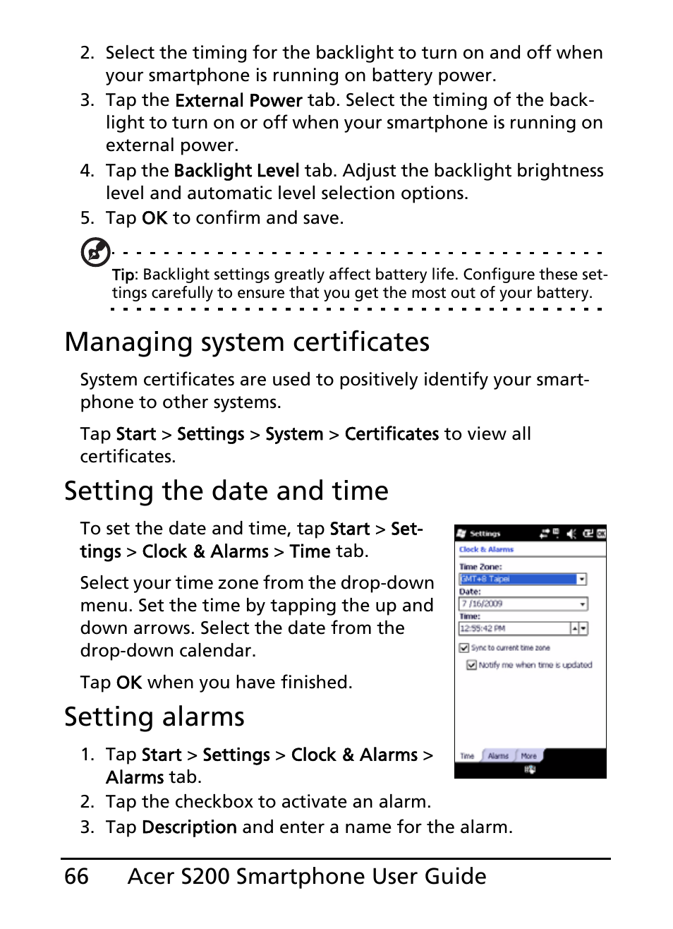 Managing system certificates, Setting the date and time, Setting alarms | Acer S200 User Manual | Page 66 / 100