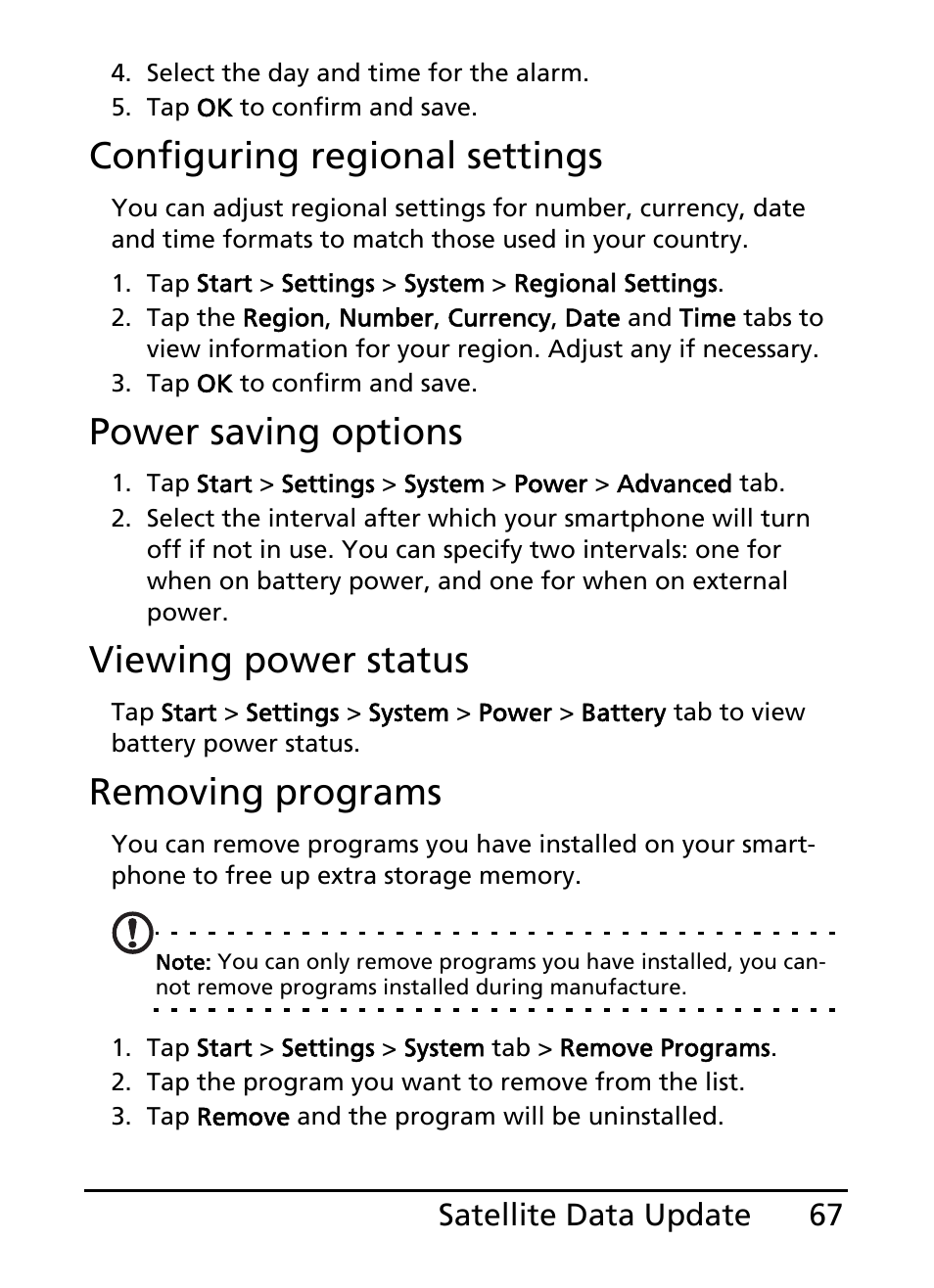 Configuring regional settings, Power saving options, Viewing power status | Removing programs | Acer S200 User Manual | Page 67 / 100