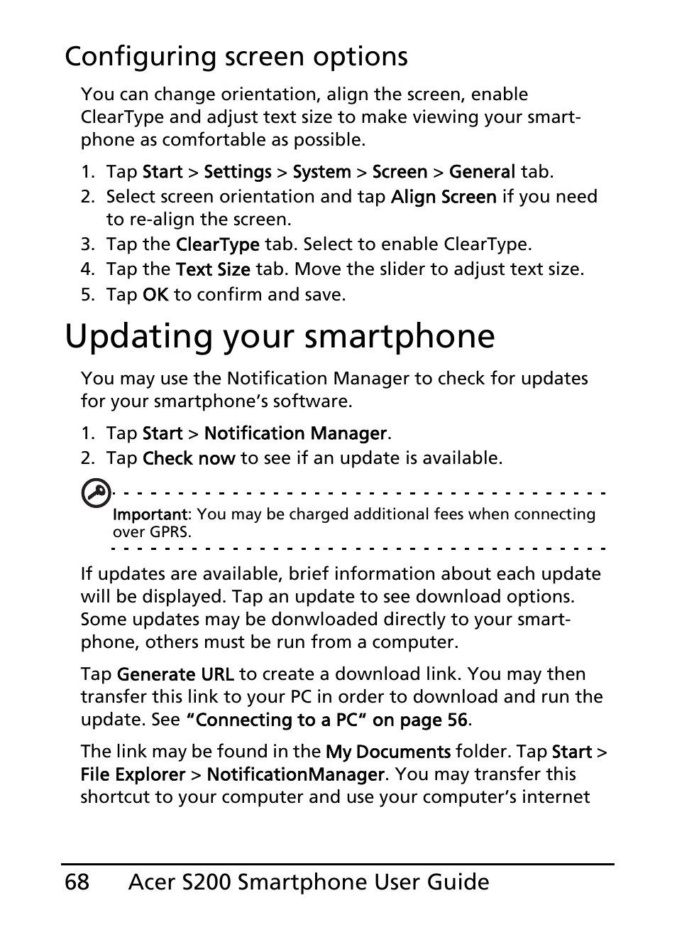 Updating your smartphone, Configuring screen options | Acer S200 User Manual | Page 68 / 100