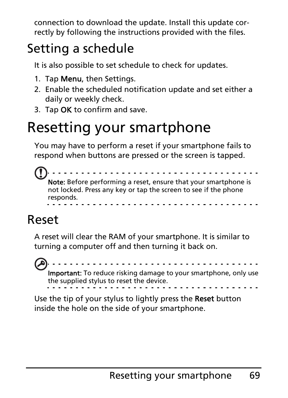 Resetting your smartphone, Setting a schedule, Reset | Acer S200 User Manual | Page 69 / 100
