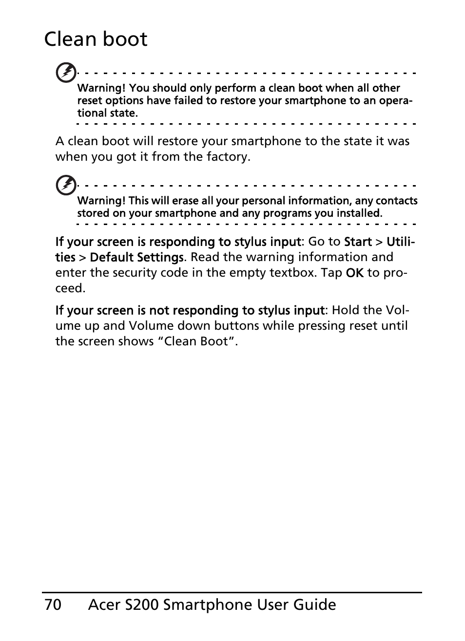 Clean boot | Acer S200 User Manual | Page 70 / 100