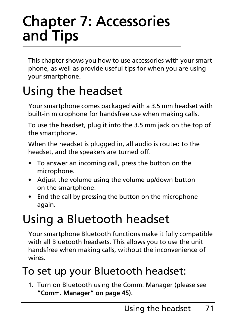 Using the headset, Using a bluetooth headset, Chapter 7: accessories and tips | Using the headset using a bluetooth headset | Acer S200 User Manual | Page 71 / 100