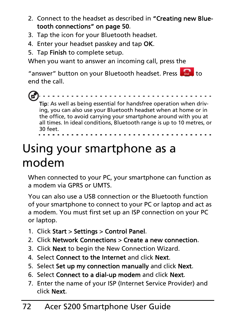 Using your smartphone as a modem | Acer S200 User Manual | Page 72 / 100