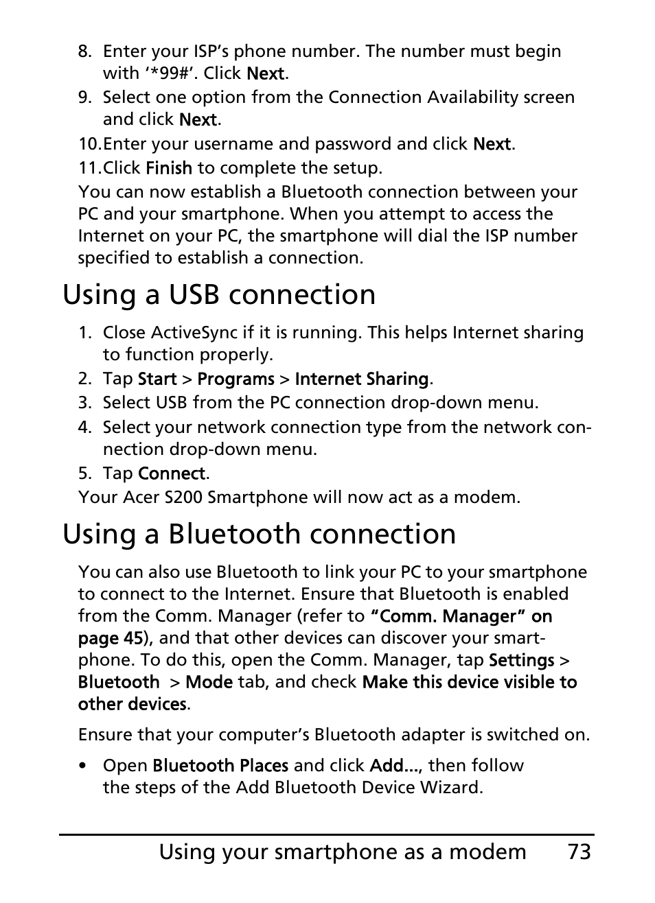 Using a usb connection, Using a bluetooth connection | Acer S200 User Manual | Page 73 / 100