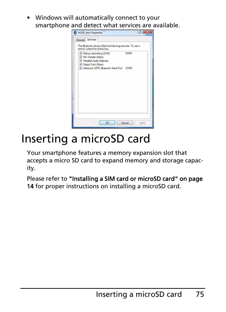 Inserting a microsd card | Acer S200 User Manual | Page 75 / 100