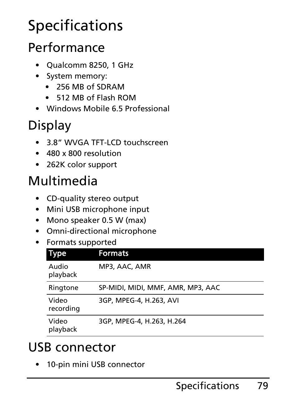 Specifications, Performance, Display | Multimedia, Usb connector, 79 specifications | Acer S200 User Manual | Page 79 / 100