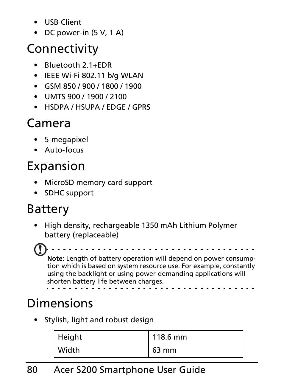 Connectivity, Camera, Expansion | Battery, Dimensions | Acer S200 User Manual | Page 80 / 100