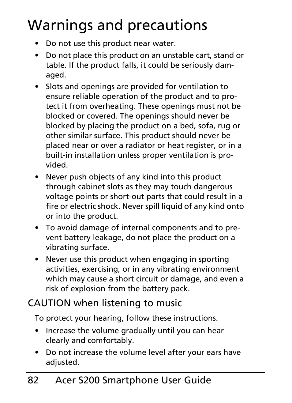 Warnings and precautions, Caution when listening to music | Acer S200 User Manual | Page 82 / 100