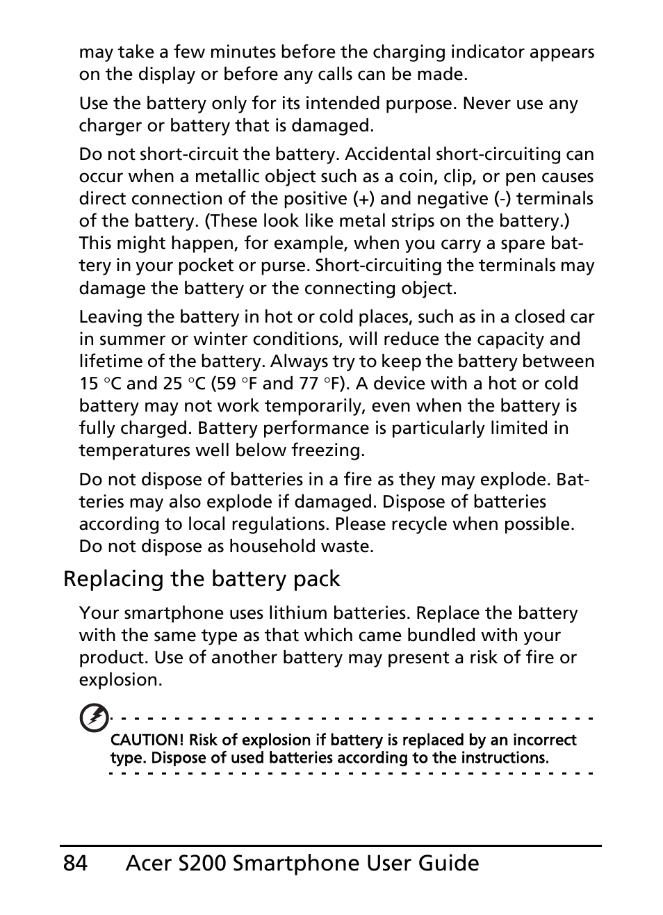 Replacing the battery pack | Acer S200 User Manual | Page 84 / 100