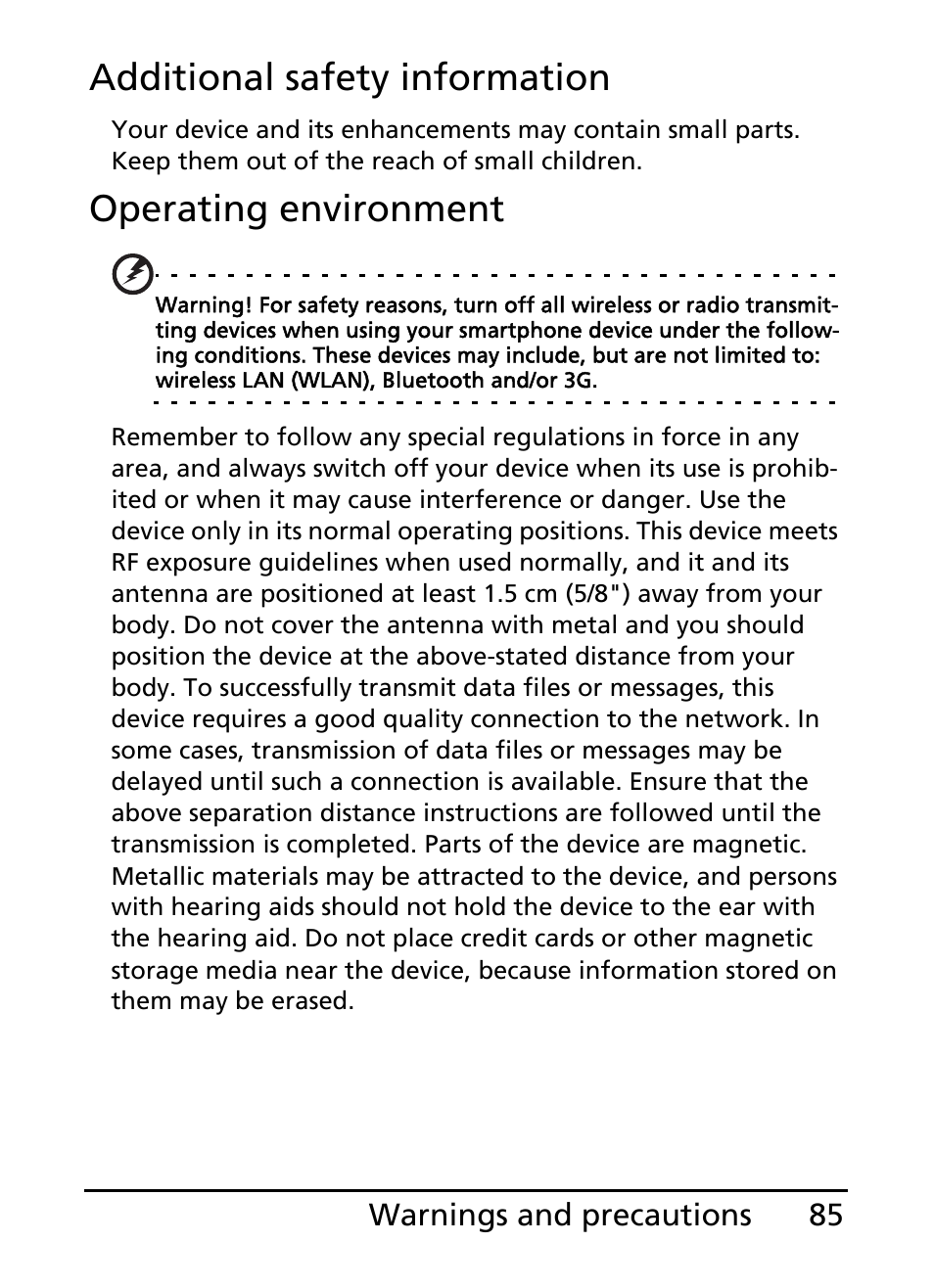 Additional safety information, Operating environment | Acer S200 User Manual | Page 85 / 100