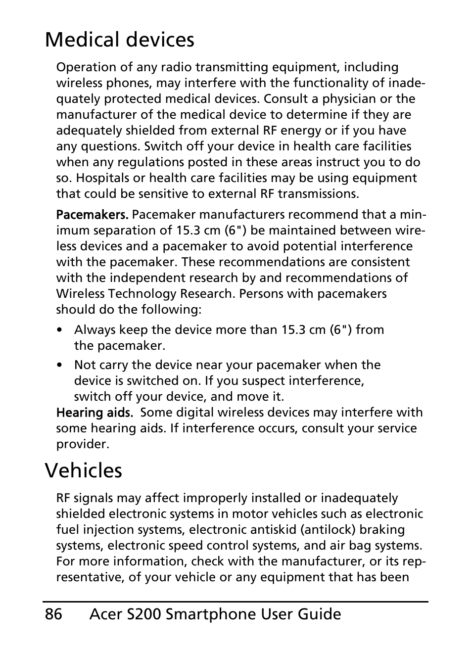 Medical devices, Vehicles | Acer S200 User Manual | Page 86 / 100