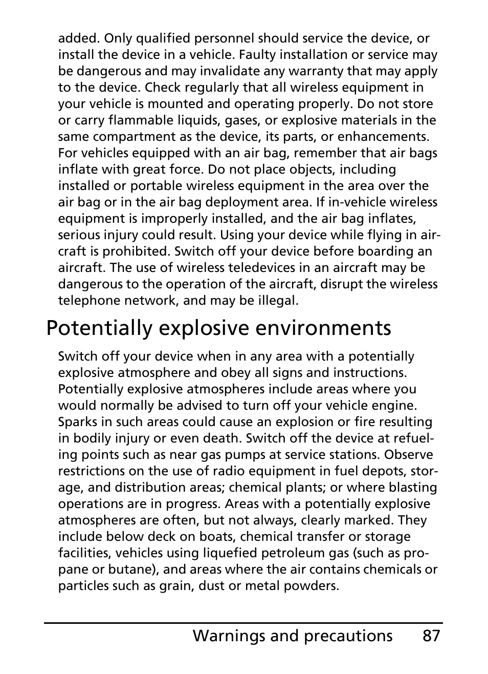 Potentially explosive environments | Acer S200 User Manual | Page 87 / 100