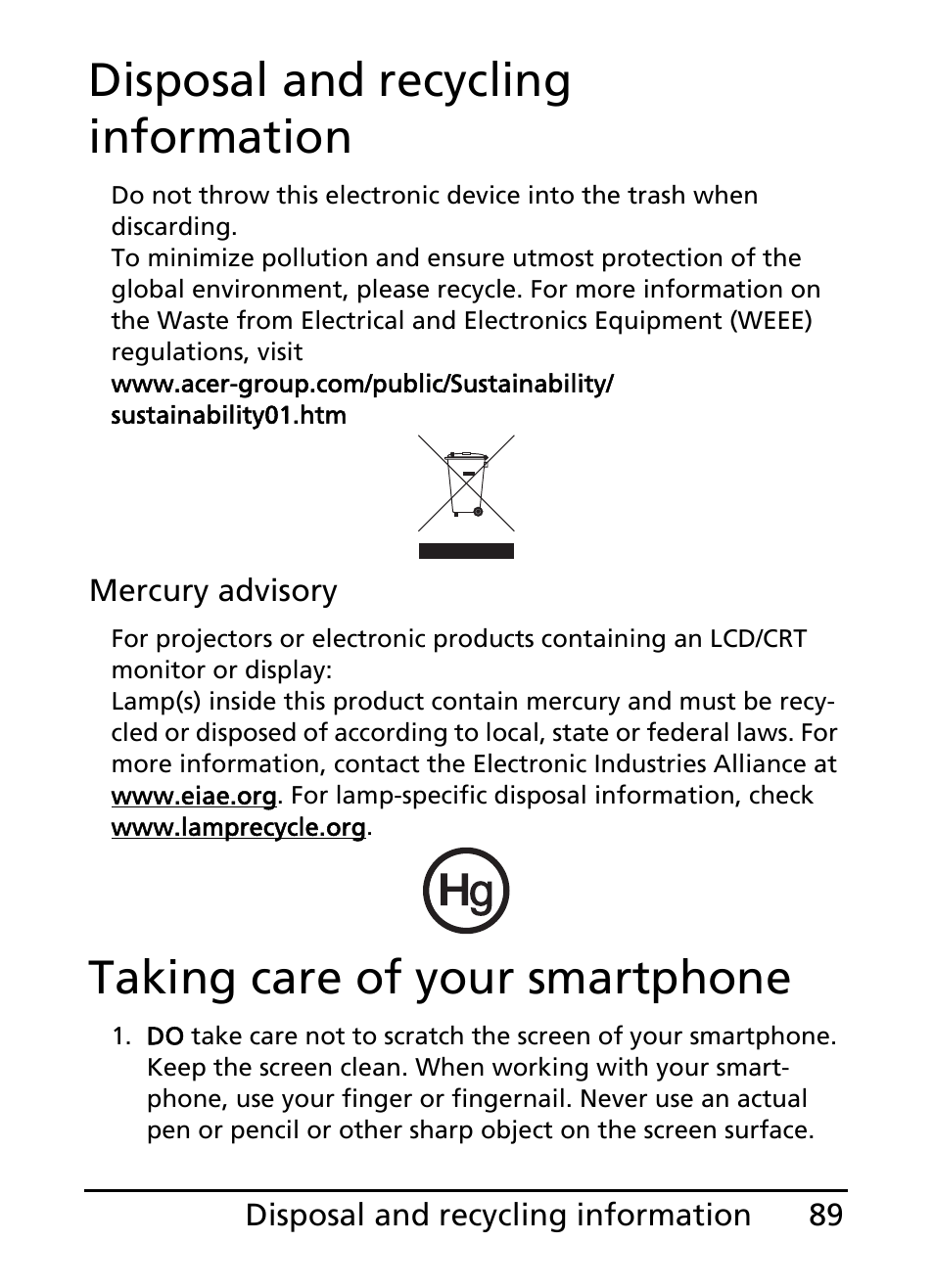 Disposal and recycling information, Taking care of your smartphone | Acer S200 User Manual | Page 89 / 100