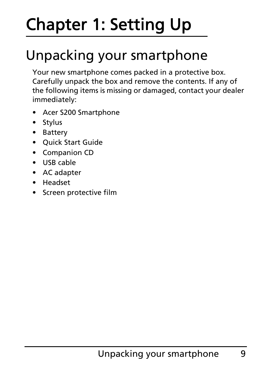 Unpacking your smartphone, Chapter 1: setting up | Acer S200 User Manual | Page 9 / 100