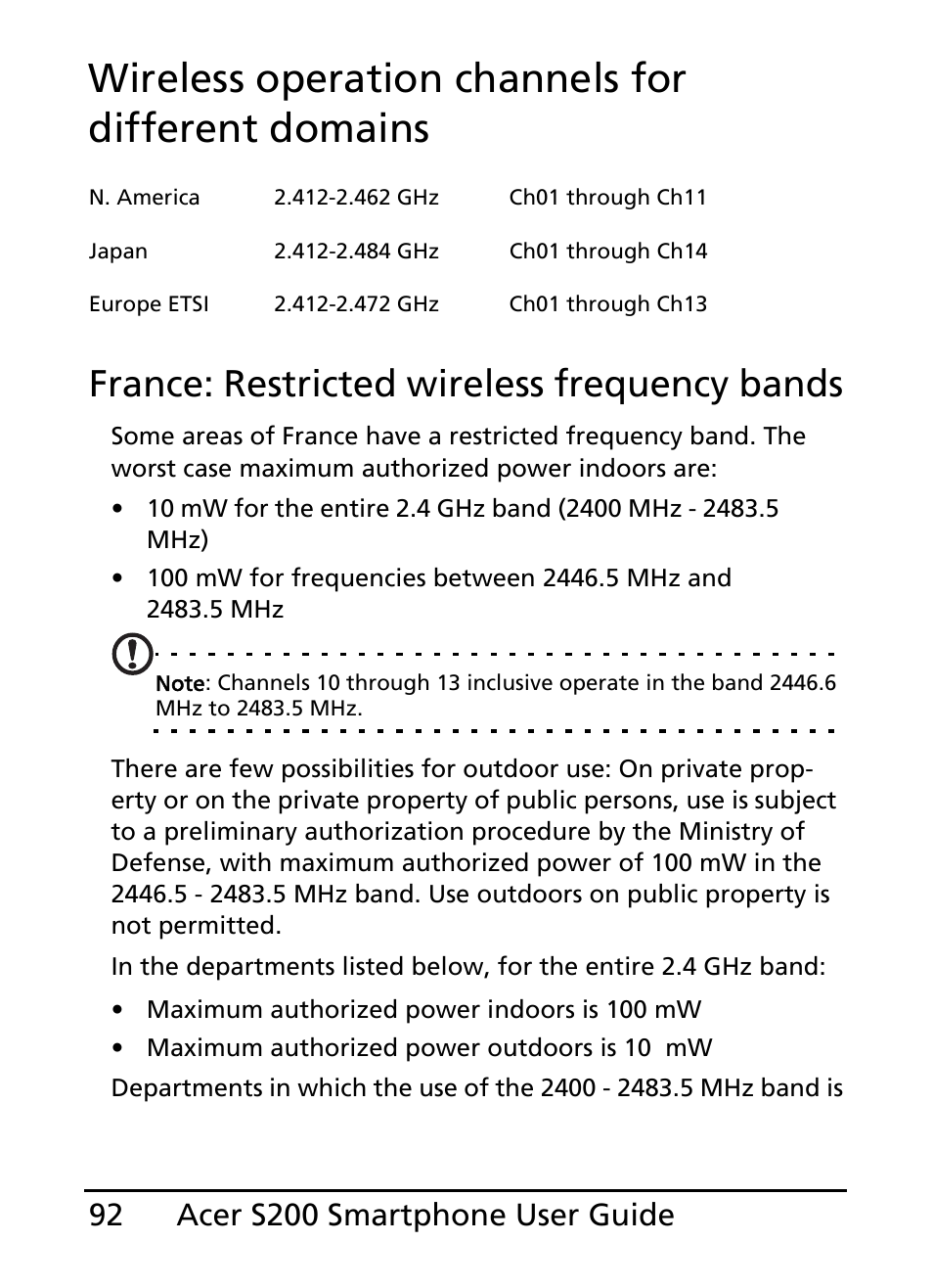 Wireless operation channels for different domains, France: restricted wireless frequency bands | Acer S200 User Manual | Page 92 / 100
