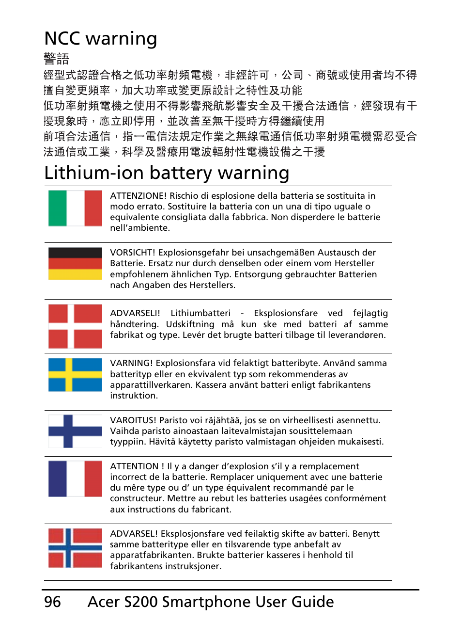 Ncc warning lithium-ion battery warning | Acer S200 User Manual | Page 96 / 100