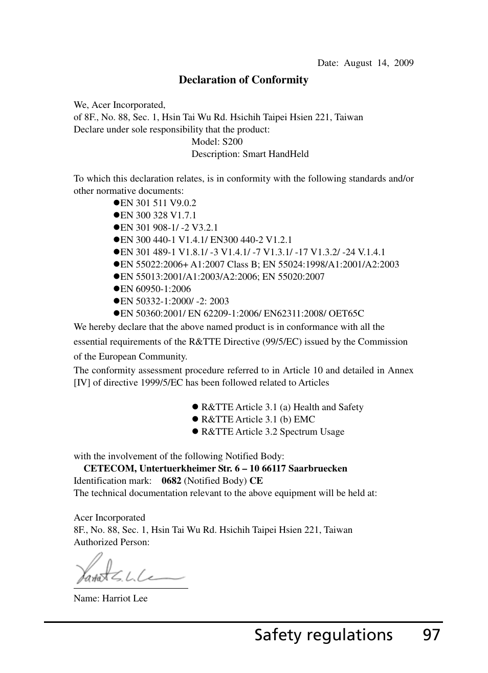 97 safety regulations | Acer S200 User Manual | Page 97 / 100