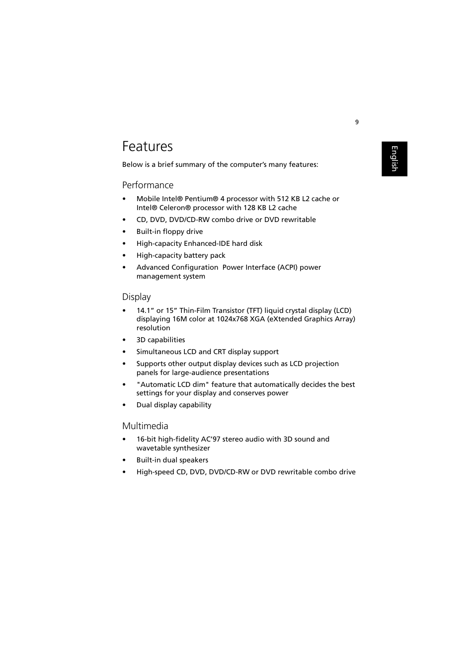 Features, Performance, Display | Multimedia | Acer 240 User Manual | Page 17 / 92