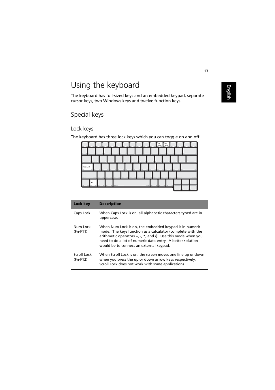 Using the keyboard, Special keys, Lock keys | Acer 240 User Manual | Page 21 / 92