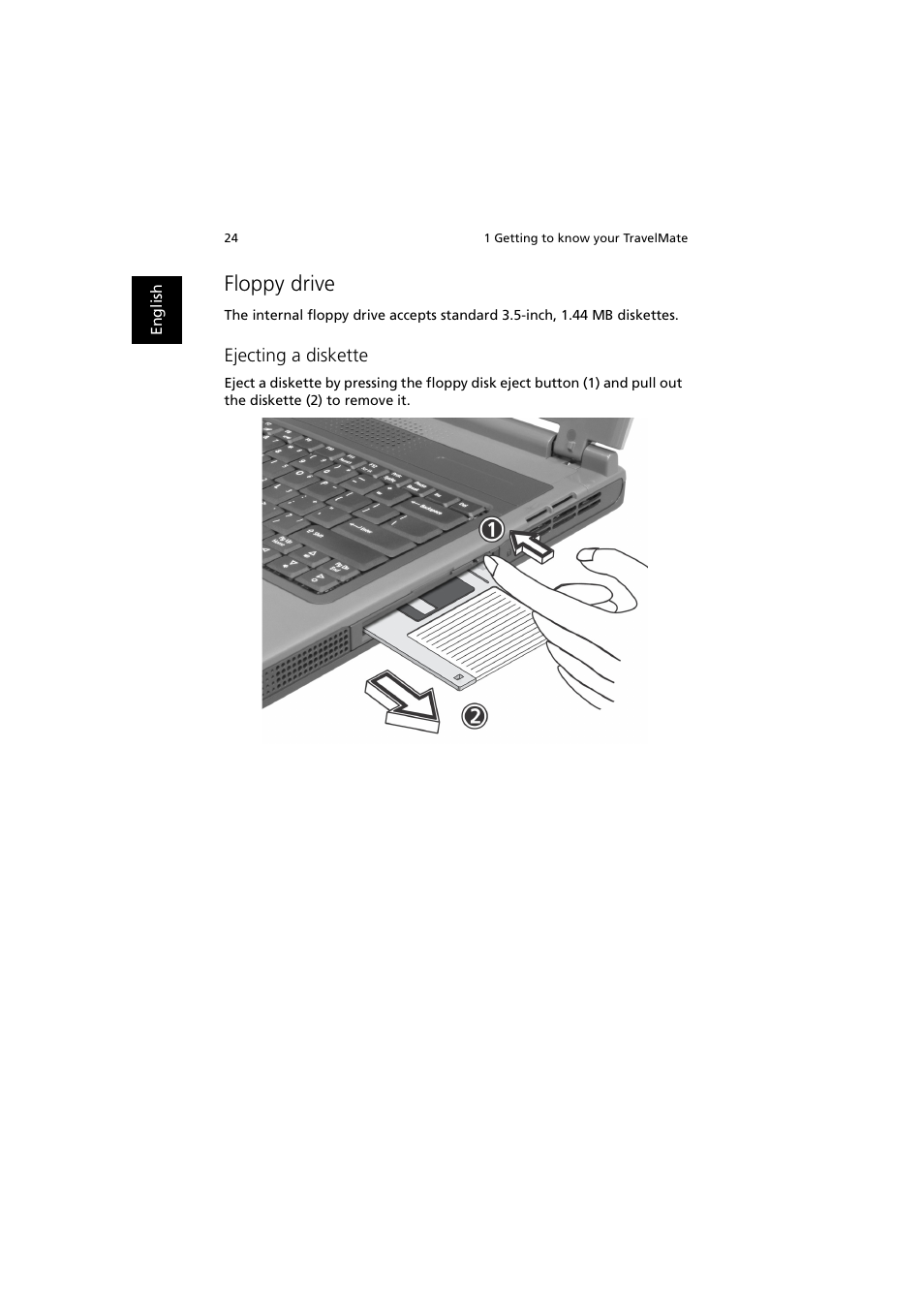 Floppy drive, Ejecting a diskette | Acer 240 User Manual | Page 32 / 92