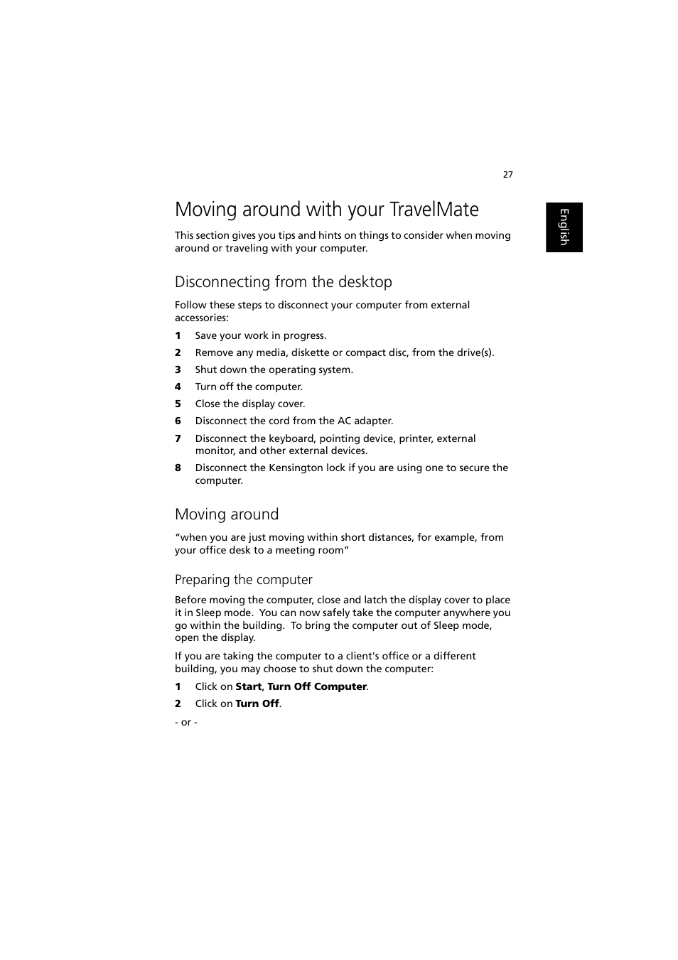 Moving around with your travelmate, Disconnecting from the desktop, Moving around | Preparing the computer | Acer 240 User Manual | Page 35 / 92