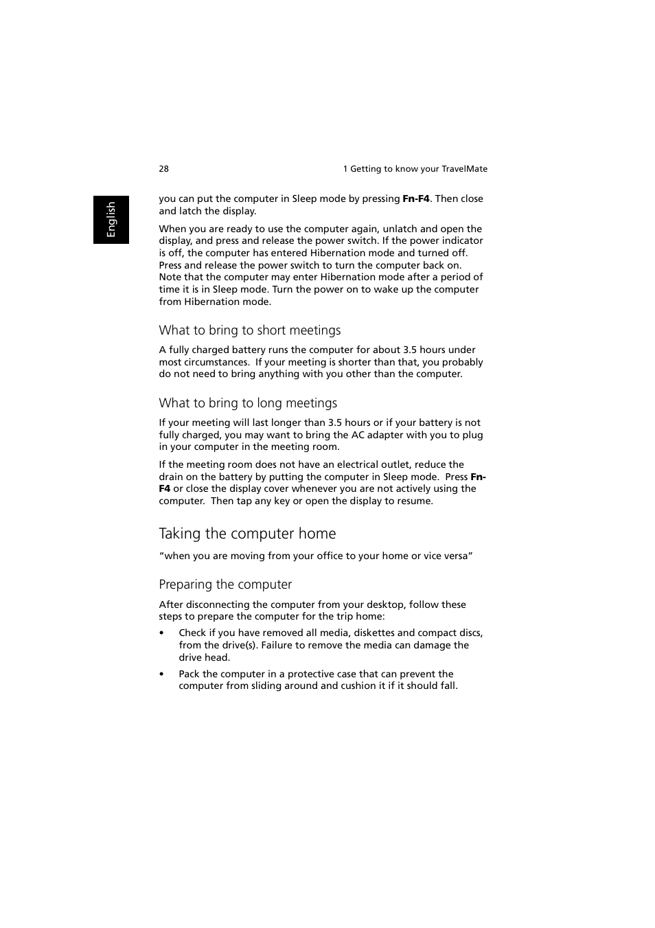 Taking the computer home, What to bring to short meetings, What to bring to long meetings | Preparing the computer | Acer 240 User Manual | Page 36 / 92