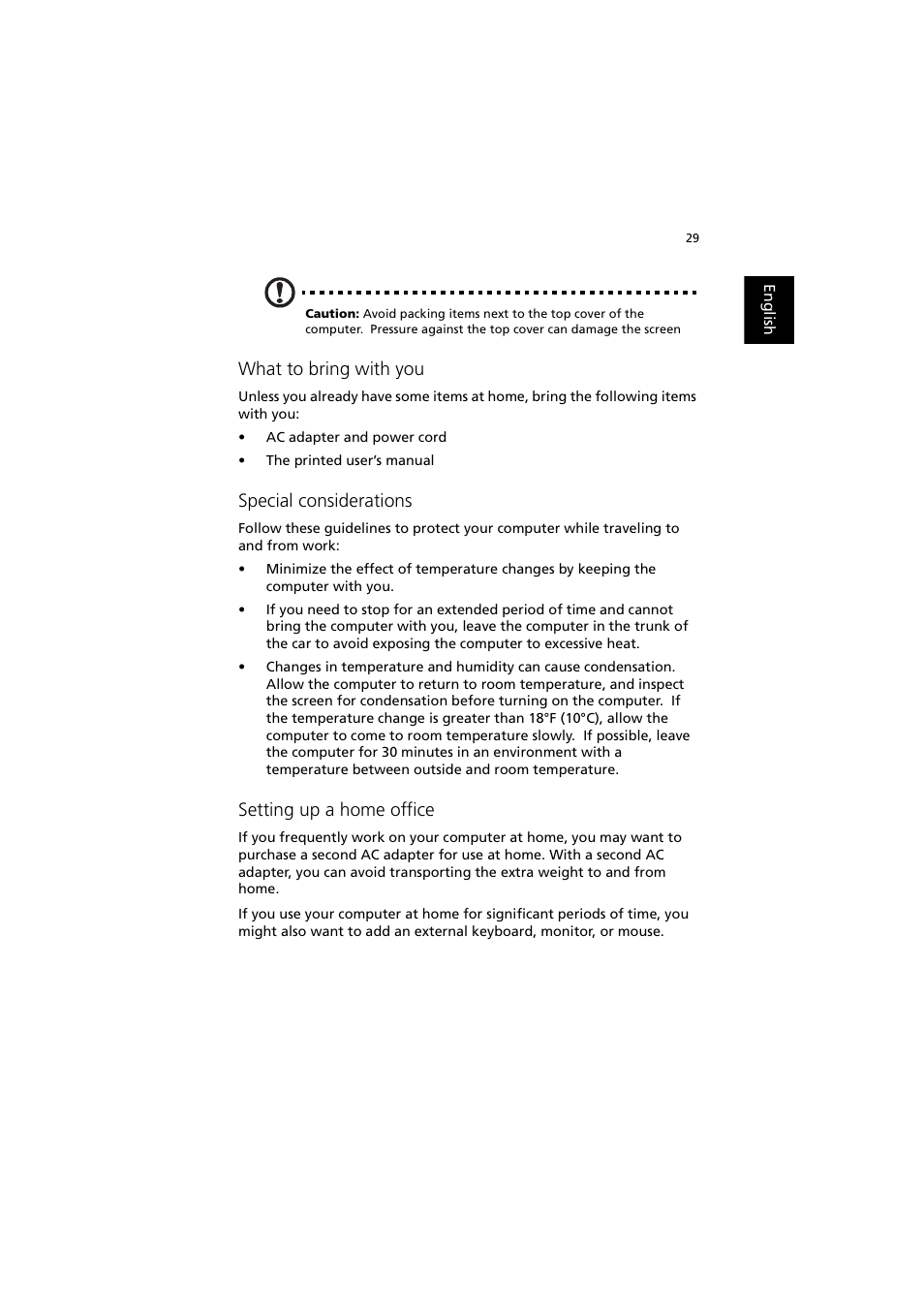 What to bring with you, Special considerations, Setting up a home office | Acer 240 User Manual | Page 37 / 92