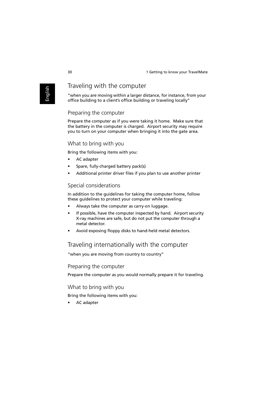 Traveling with the computer, Traveling internationally with the computer, Preparing the computer | What to bring with you, Special considerations | Acer 240 User Manual | Page 38 / 92