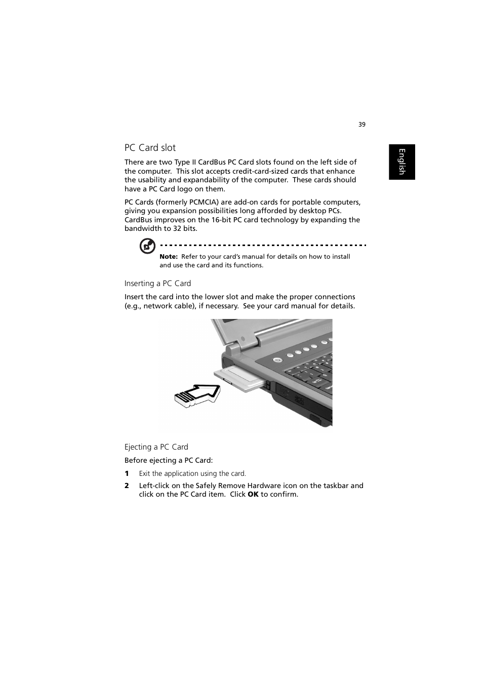 Pc card slot | Acer 240 User Manual | Page 47 / 92