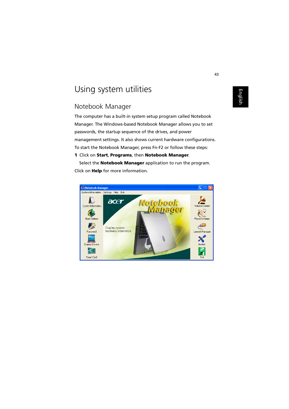 Using system utilities, Notebook manager | Acer 240 User Manual | Page 51 / 92