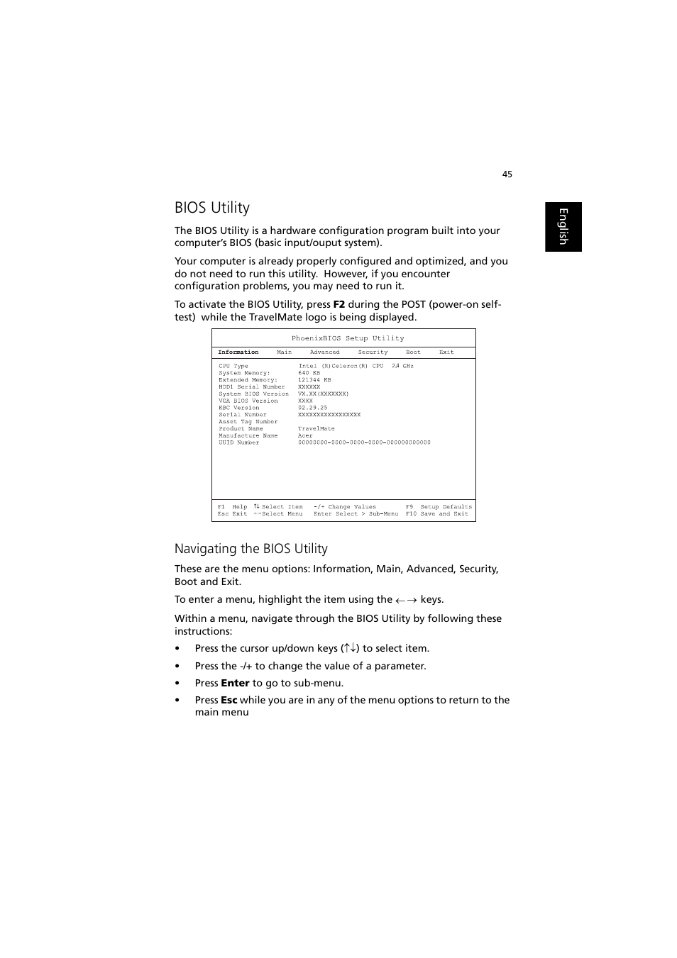 Bios utility, Navigating the bios utility | Acer 240 User Manual | Page 53 / 92