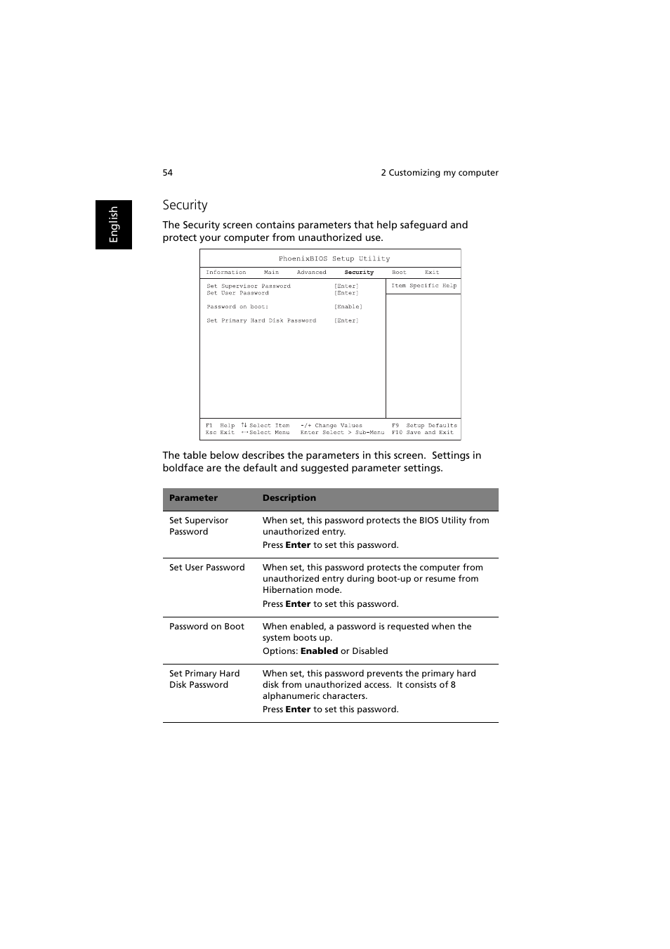 Security | Acer 240 User Manual | Page 62 / 92