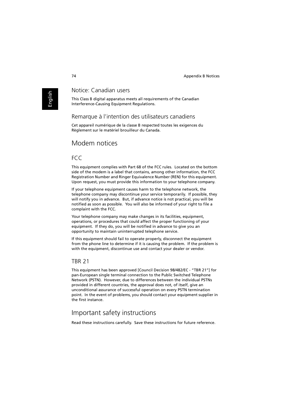 Modem notices, Important safety instructions, Notice: canadian users | Remarque à l’intention des utilisateurs canadiens, Tbr 21 | Acer 240 User Manual | Page 82 / 92