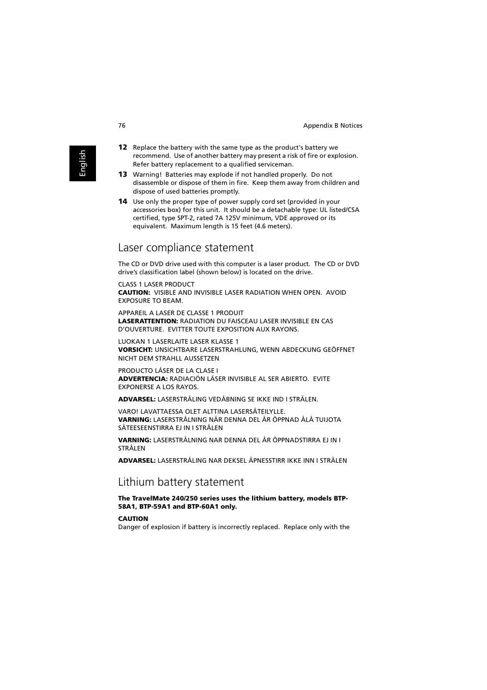 Laser compliance statement, Lithium battery statement | Acer 240 User Manual | Page 84 / 92