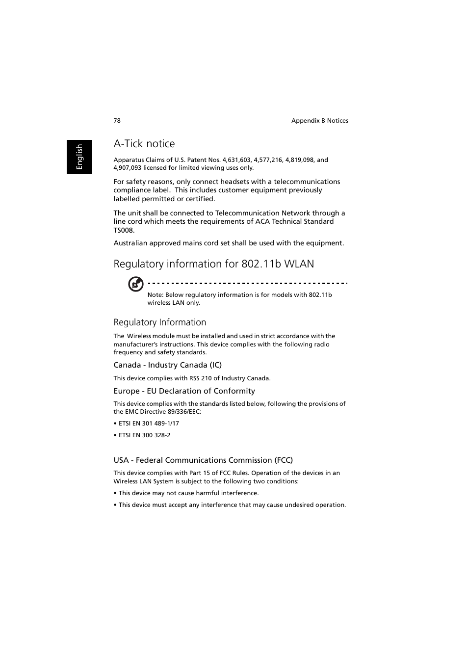 A-tick notice, Regulatory information | Acer 240 User Manual | Page 86 / 92