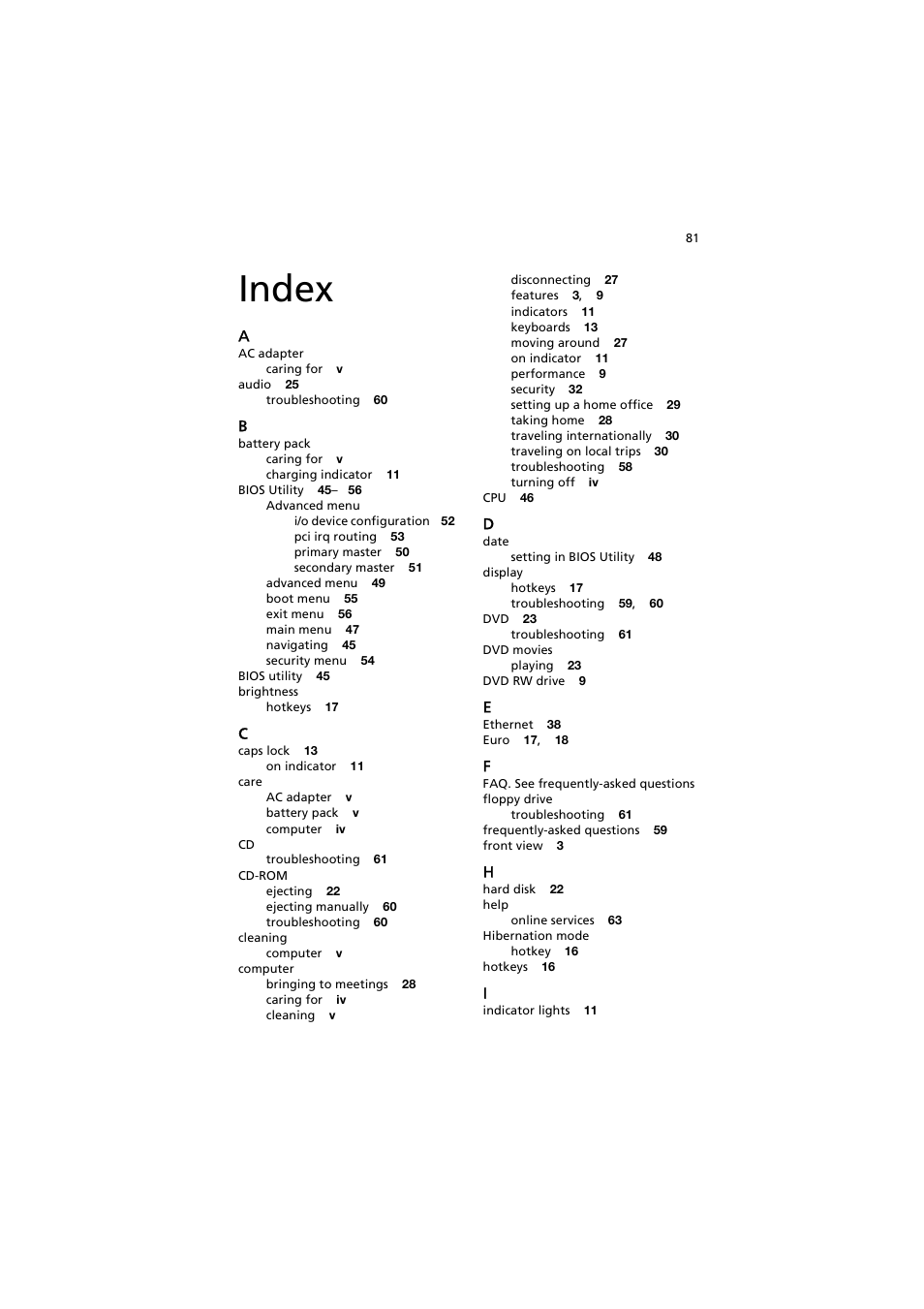 Index | Acer 240 User Manual | Page 89 / 92