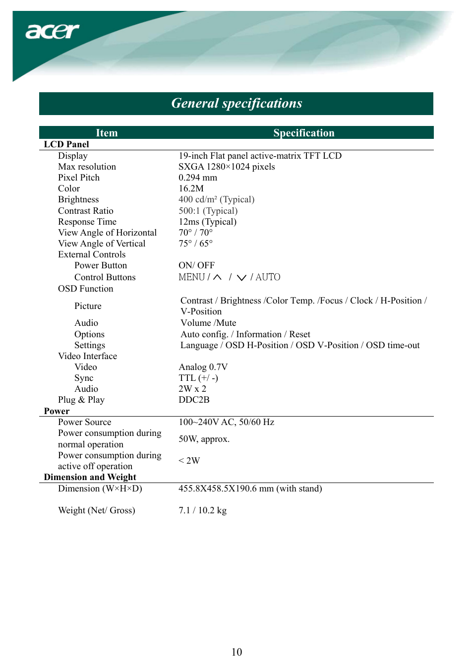 General specifications | Acer AL1932 User Manual | Page 10 / 10