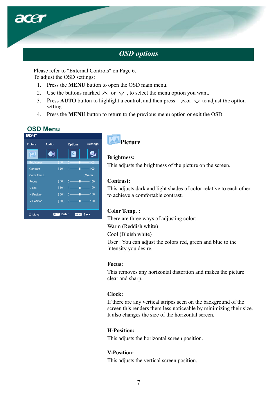 Osd options | Acer AL1932 User Manual | Page 7 / 10