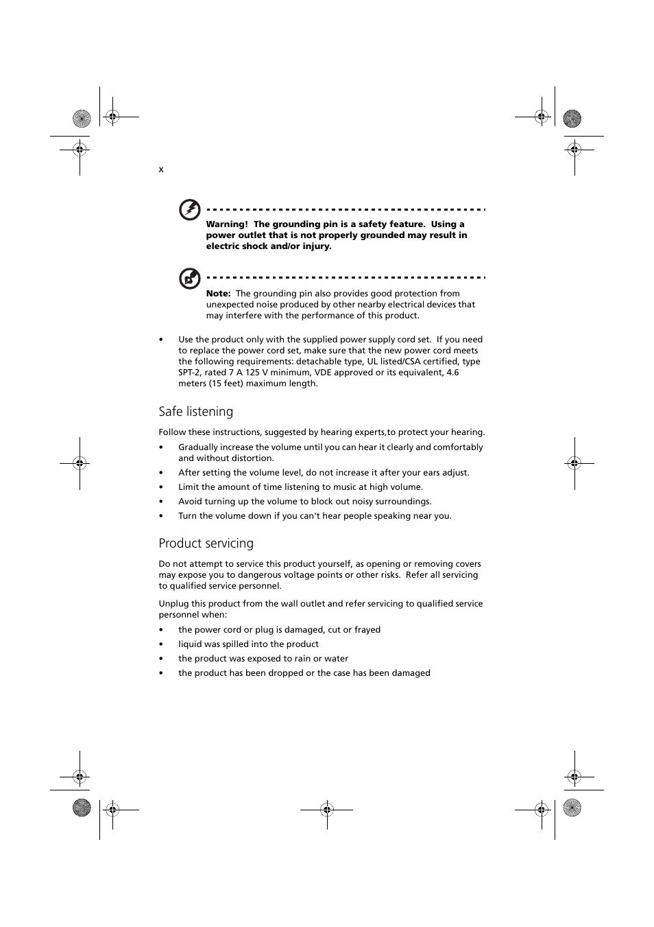 Safe listening, Product servicing | Acer Altos G330 Series User Manual | Page 10 / 134