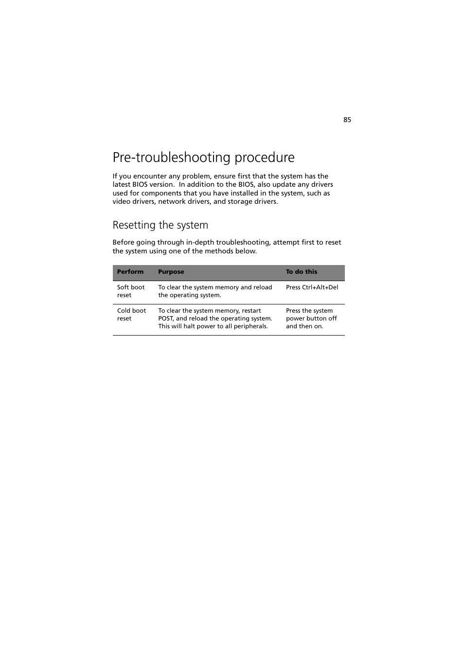 Pre-troubleshooting procedure, Resetting the system | Acer Altos G330 Series User Manual | Page 103 / 134