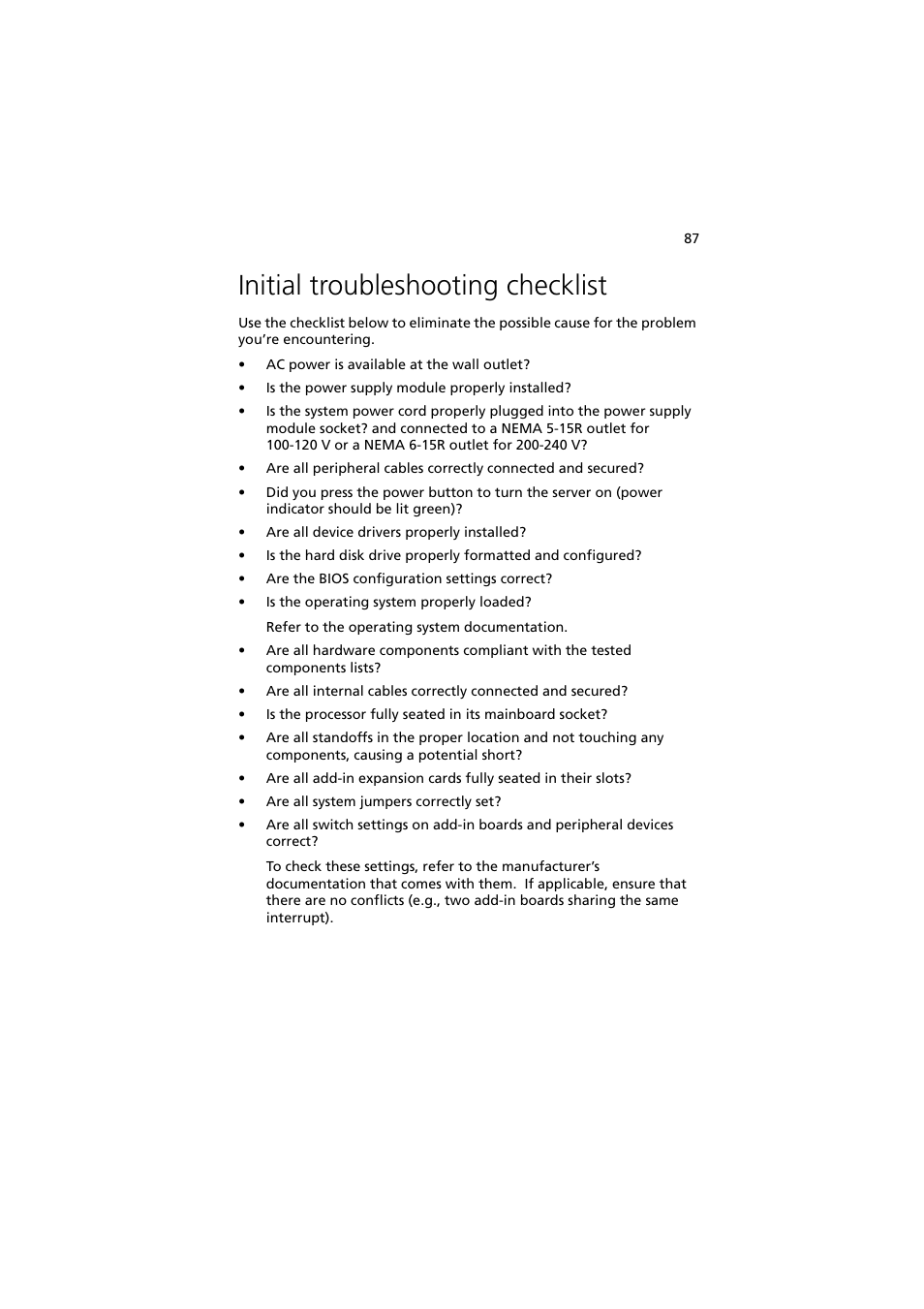 Initial troubleshooting checklist | Acer Altos G330 Series User Manual | Page 105 / 134