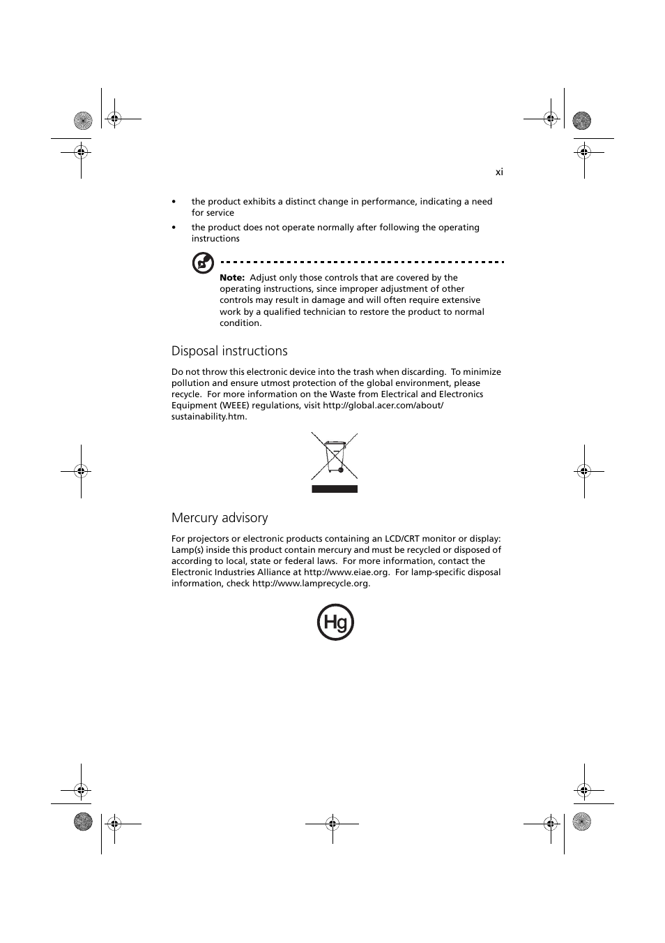 Disposal instructions, Mercury advisory | Acer Altos G330 Series User Manual | Page 11 / 134