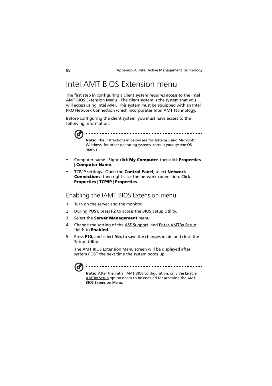 Intel amt bios extension menu, Enabling the iamt bios extension menu | Acer Altos G330 Series User Manual | Page 116 / 134